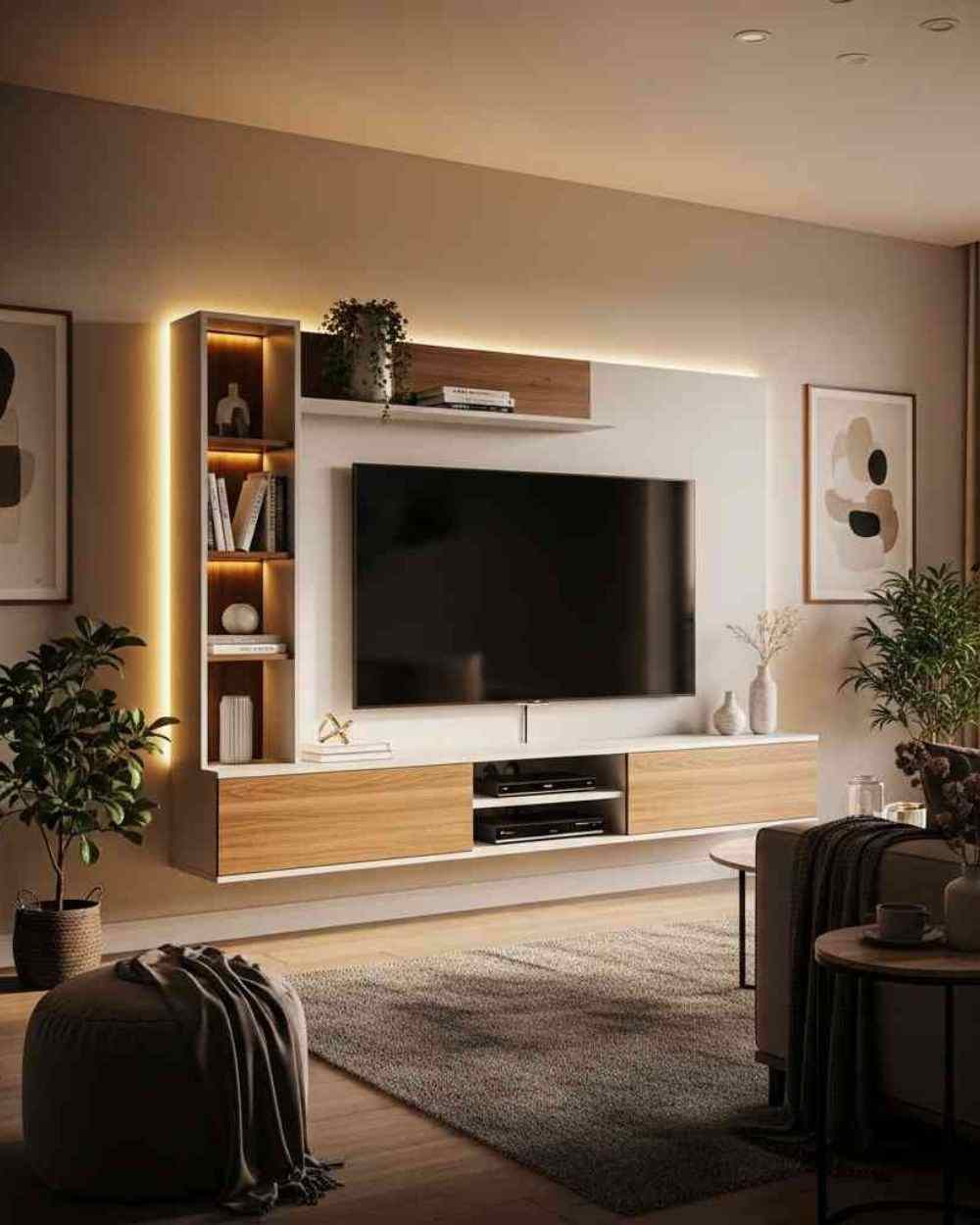 Designer TV unit installation with gypsum and LED backlit design for living room in Howrah – Seth Paris