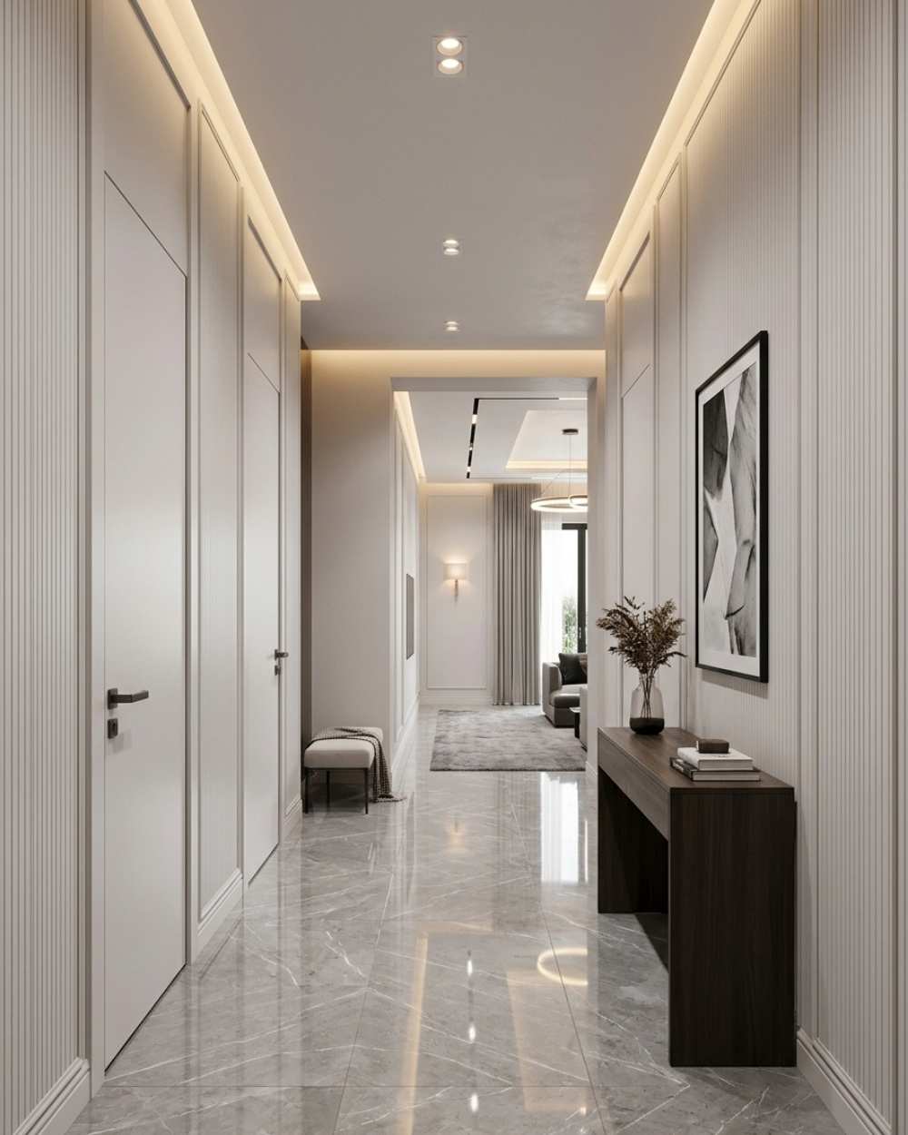 Minimal hallway design with white decorative PVC wall panels