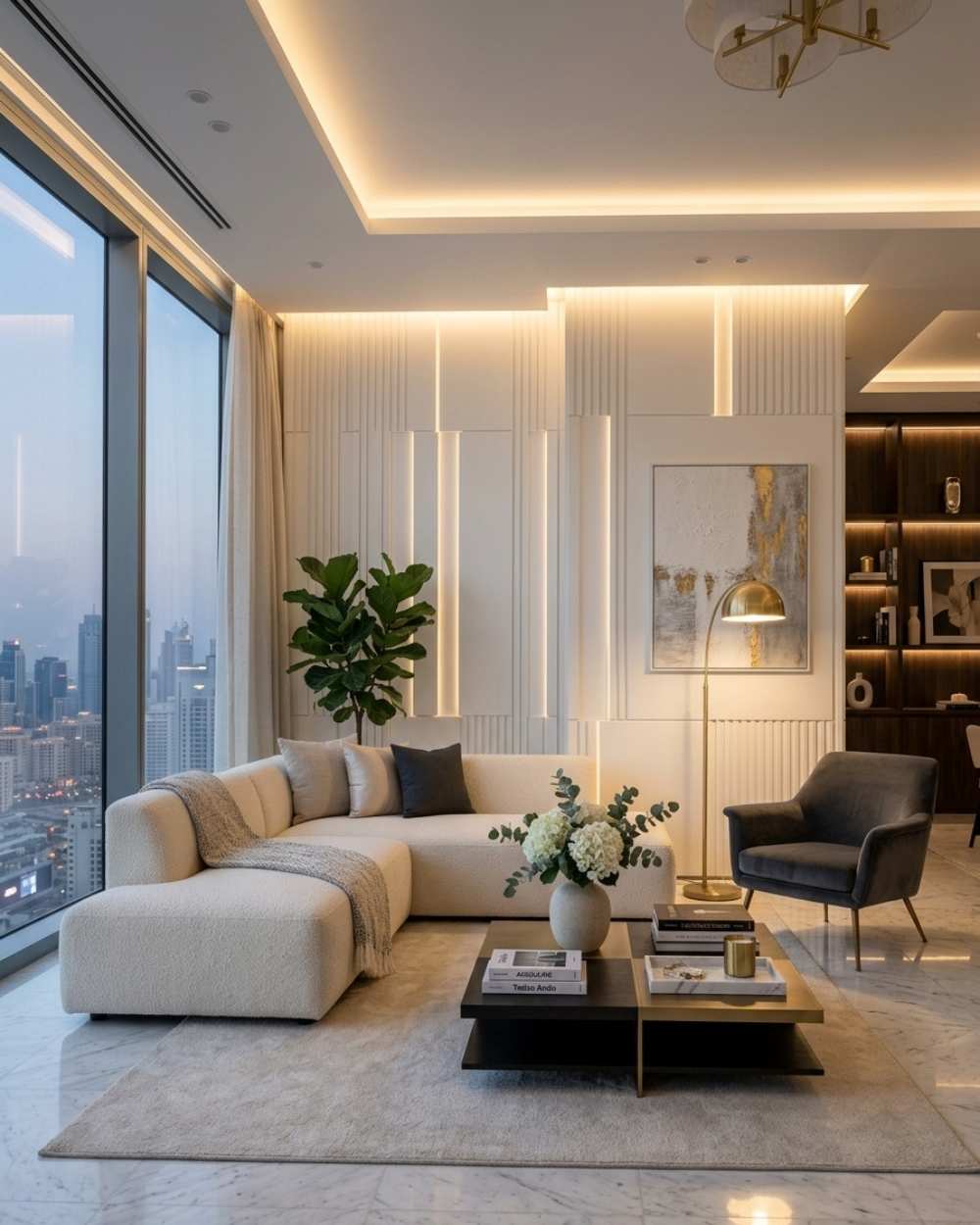 Close-up of textured white PVC wall panel design with lighting