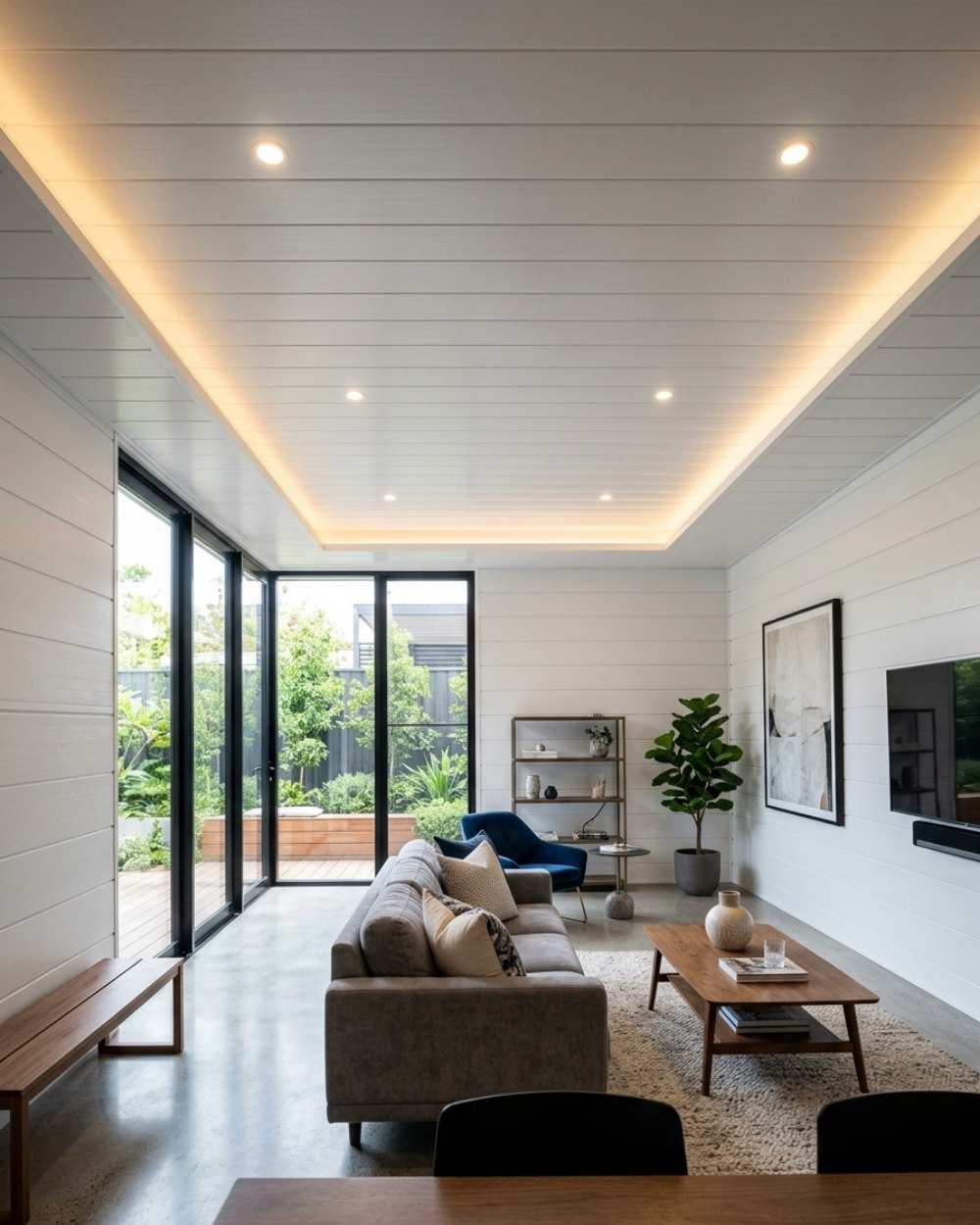 Modern living room with white PVC wall panels and warm LED lighting